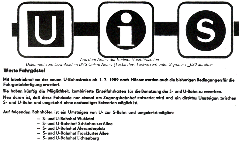 Tarifhinweis 1989: Kombifahrschein BVB / DR