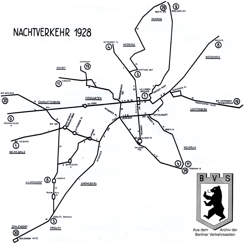 Nachtliniennetz der ABOAG im letzten Betriebsjahr (1928)